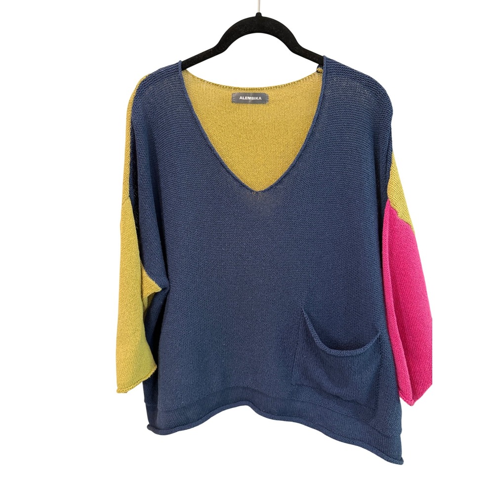 Alembika Colorblock Cotton Blend V-Neck Sweater Oversized Blue Yellow Pink